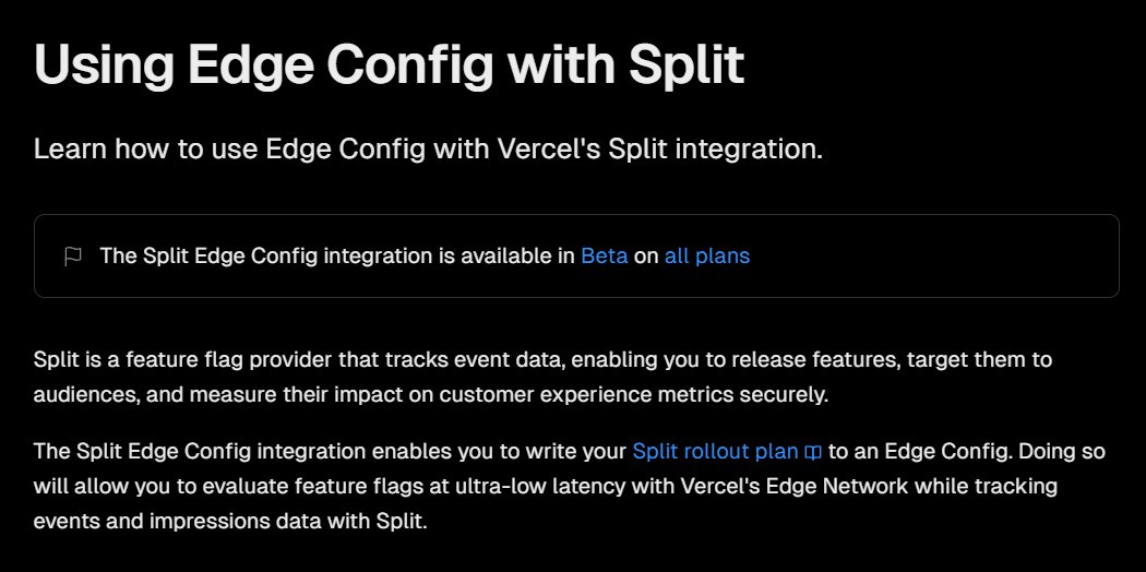 lucasdoell's tweet photo. @leeerob hey! just wanted to let you know that i think i may have spotted an error on the Vercel Edge Config docs, the message for split integration appears on the hypertune page as well - not sure if this is intentional but wanted to let you know! https://t.co/yy5wPkkep8