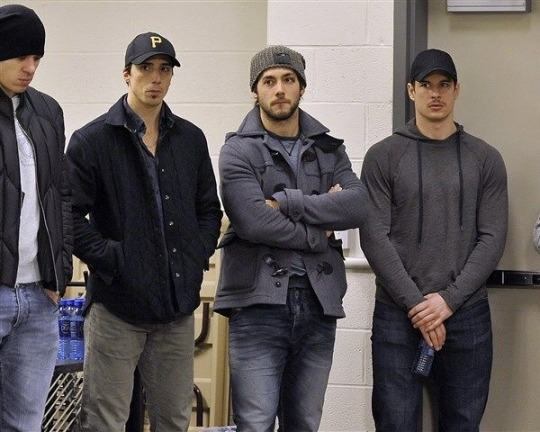 Every Time I see this picture .... 4 dudes who got caught  &amp; sent to the principle's office  LOL.    The look on their faces.  Priceless.   SID, "Don't tell coach".   LETANG, "Whatever". 
FLEURY, "Right will do sir".    Gino, "I hope I don't get detention &amp; miss practice."