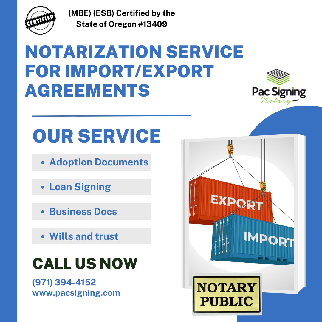 pacsigning's tweet image. Are you tired of navigating the complexities of import/export agreements? 
Visit pacsigning.com
Call (971) 394-4152

#Pacsigning #NotaryExcellence  #SeamlessTrade #CertifySuccess #notary
#TradeWithoutBorders #lakeoswego #portland #beaverton #hillsboro #agreements