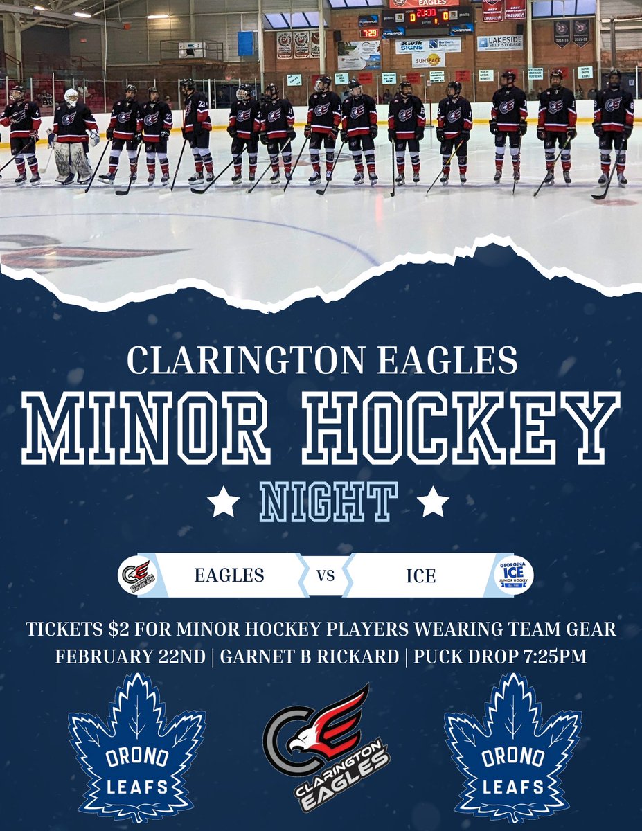 OronoAAA's tweet photo. Let's support our Clarington Eagles! Special price for Orono players wearing their jerseys. https://t.co/HqQw94tKBz
