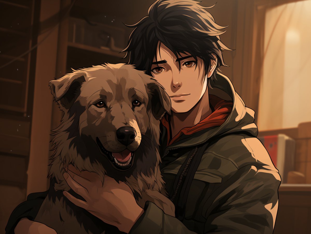 IntellexAi's tweet image. Medium shot anime man hugging dog by @IntellexAi