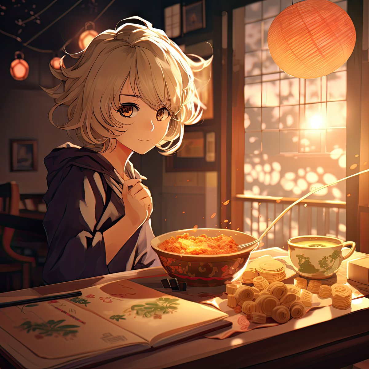 IntellexAi's tweet image. View of person enjoying delicious food at reunion dinner in anime style by @IntellexAi