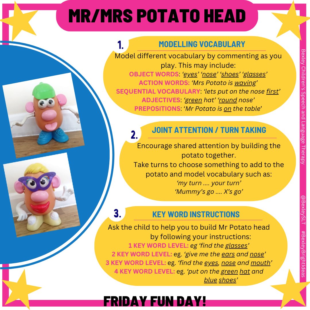 In the first of our new #fridayfunday series, check out these 3 ways to use Mr/Mrs Potato Head to support a child’s speech, language & communication development!  Do you have other ideas for using this toy? Share your ideas in the comments! 
#BexleyBrightIdeas #BexleySLT #SLCN