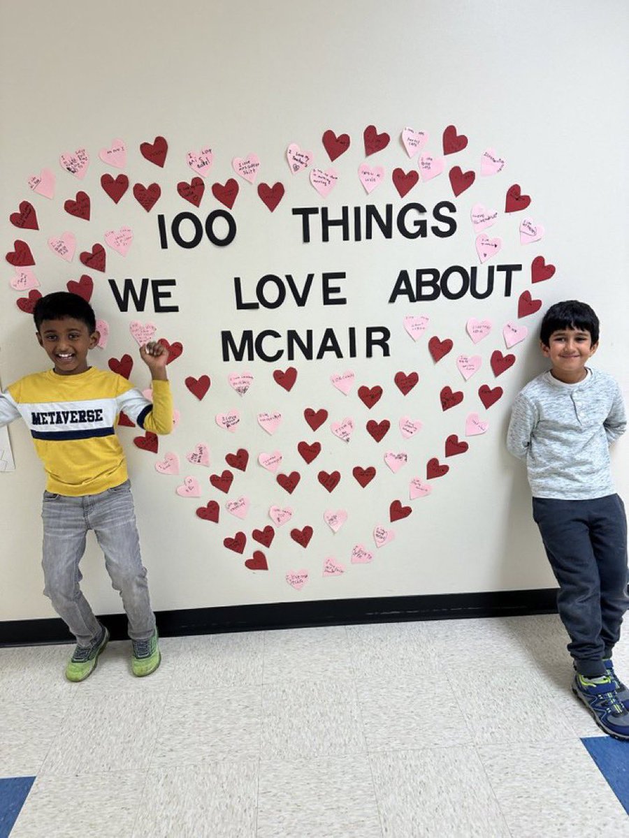 💕Ms. Walsh’s and Ms. Bear’s first grade class wrote 100 reasons why they love McNair! We know one thing, our school is truly such a special place to learn and grow!💕 #OneTeam.OneDream. #MustangsThrive @fairfaxcountypublicschools