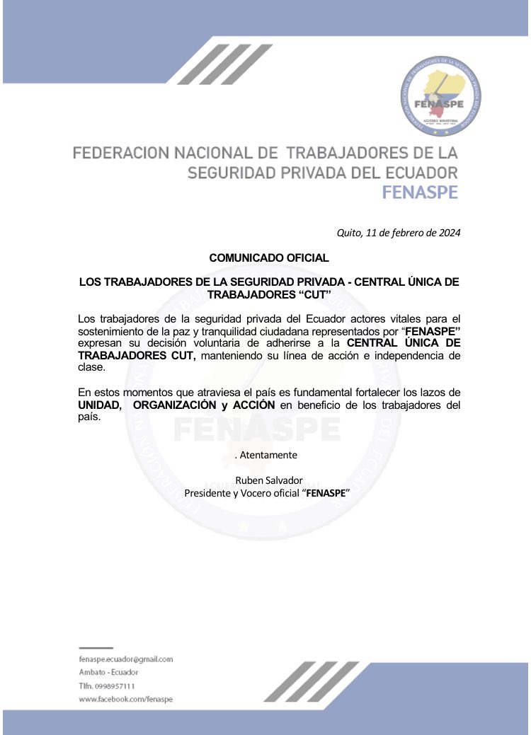 🔵🔵🔵
#ATENCION 
#ComunicadoOficial
🤝👮‍♀️Fortalecemos los lazos de #Unidad entre los trabajadores del país <a href="/EcuadorCut/">CUT ECUADOR</a> 
<a href="/GomezlRichard/">Richard Gomez</a> 
<a href="/DieguinArroyo/">DFA</a> 
@RubnSalvad60763