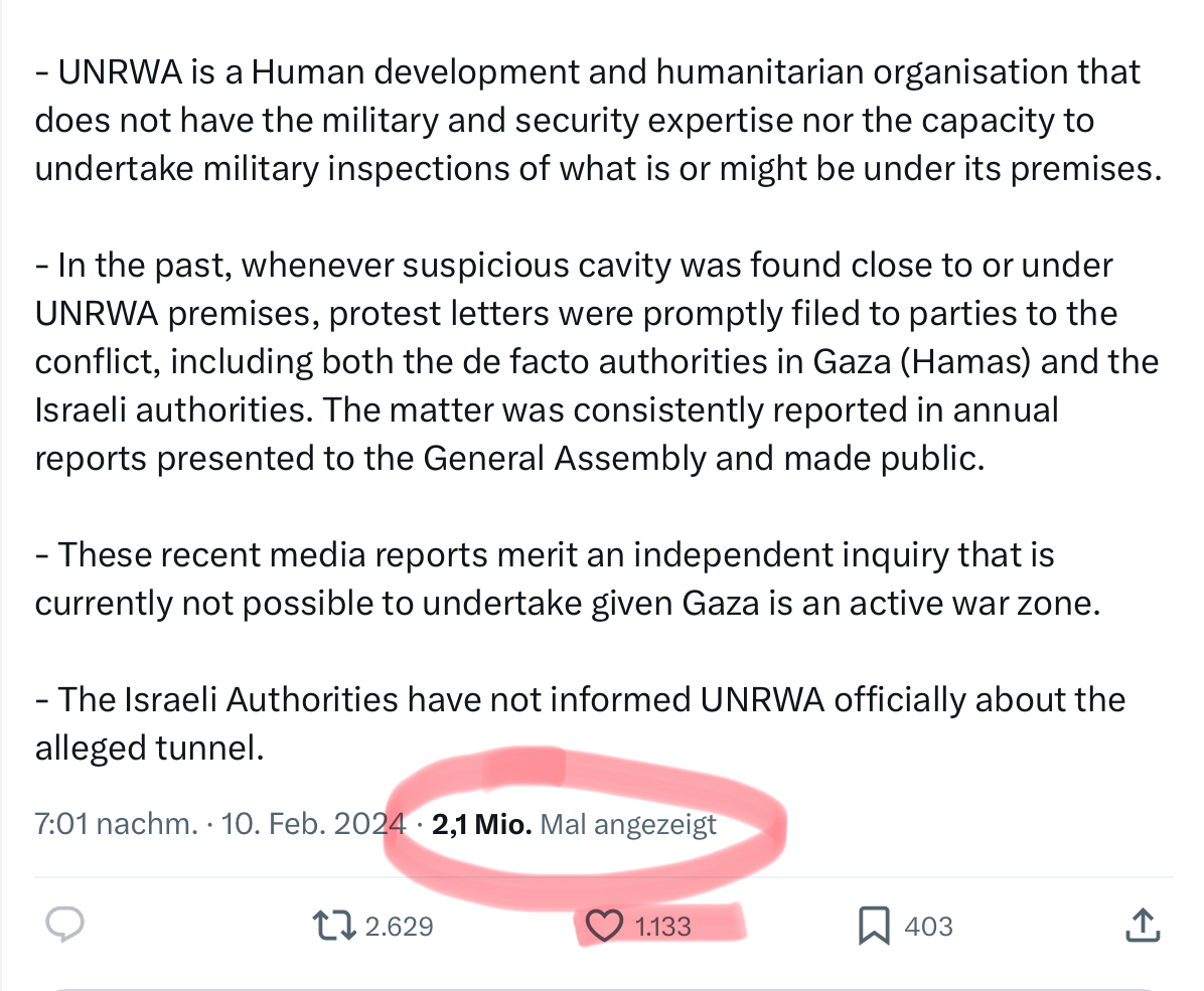 Lazzarini lügt. Der Bau dieses Tunnels muss Jahre gedauert haben, die Entsorgung des Abraums und der Baulärm können den Insassen des UNRWA-Gebäudes unmöglich verborgen geblieben sein. Bei 2,1 Millionen (!) views gerade mal 1100 Likes - das bedeutet, niemand glaubt ihm seine