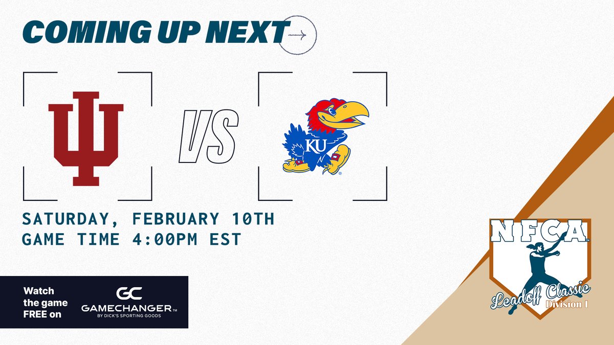 GetGameChanger's tweet image. 🥎 COMING UP 🎥

@IndianaSB vs @KUSoftball 

Tune in on GameChanger: bit.ly/49pvDKq

#NFCALeadoffClassics | #GameChangerSports