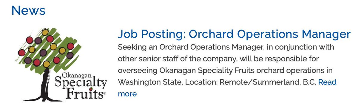 Okanagan Speciality Fruit is seeking an Orchard Operations Manager to overseeing fruits orchard operations in Washington State. Location: Remote/Summerland, B.C 
orchardandvine.net/news/tree-frui…