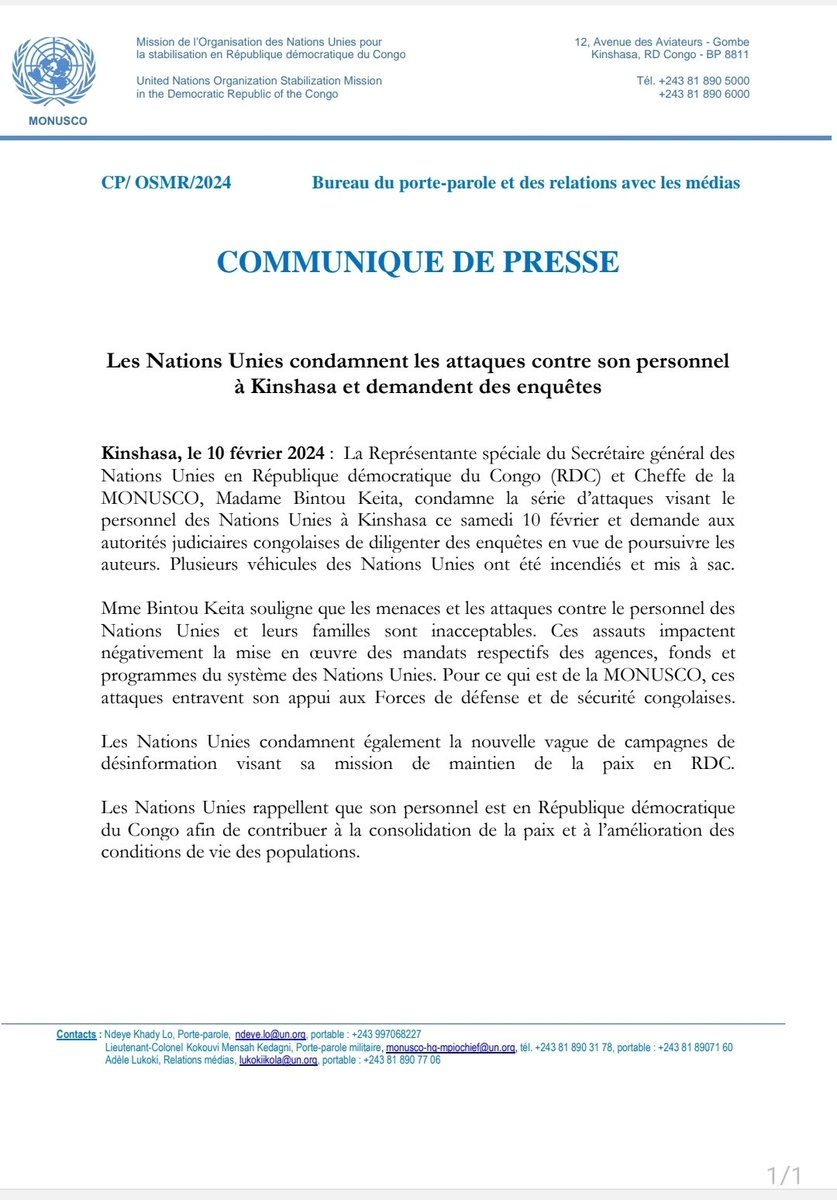 LePuissantCom's tweet photo. #RDC | #GuerreEst :  l'ONU (@ONU_fr) exprime sa condamnation des attaques perpétrées contre son personnel à #Kinshasa lors des manifestations des #Congolais. https://t.co/lT5FUse8dx