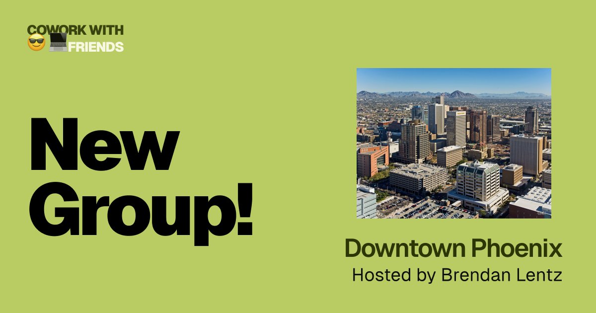 Excited to share that we have a new Cowork With Friends group 🎉

Downtown Phoenix hosted by <a href="/blentz212/">Brendan Lentz</a> 

The first coworking session will be February 28th. We have a few spots left. DM or comment below if you want to join!
