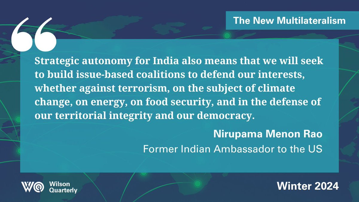 #India's independence doesn't eclipse its support for a rules-based order, says Ambassador @NMenonRao. She speaks with @MichaelKugelman of Wilson Center @AsiaProgram in this #video interview as part of the new issue of the WQ: The New #Multilateralism buff.ly/4bw1VoO