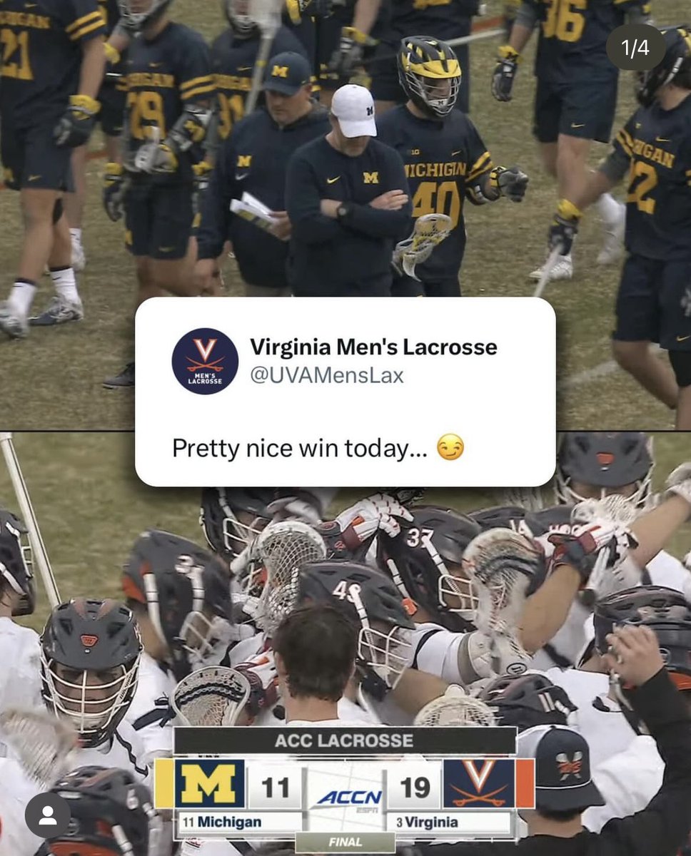 Some may call this motivating your own team… I call it two other things…

1. Bulletin board material… and to do it against <a href="/lars_tiffany/">Lars Tiffany</a>  and Virginia was ill advised

2. Just a false statement. ACC>Big Ten

Big statement/stay in your lane win for <a href="/UVAMensLax/">Virginia Men's Lacrosse</a>