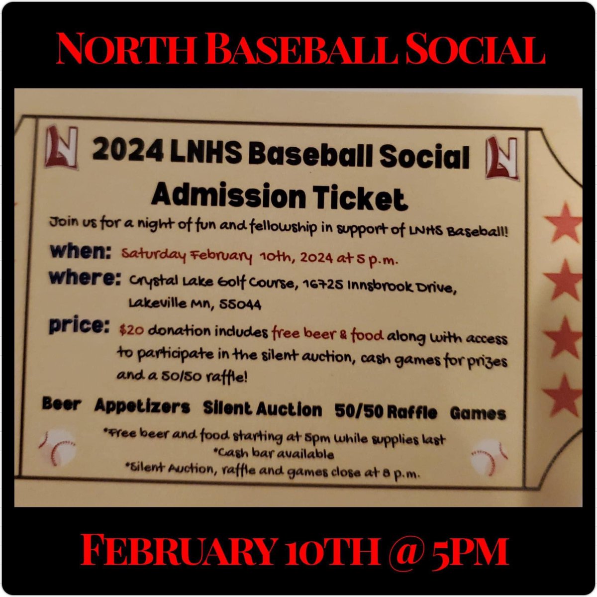 LNBsblBoosters's tweet image. Come to Crystal Lake Golf course tonight starting at 5pm!
Food, Beer, Auction, Games and support LN Baseball!