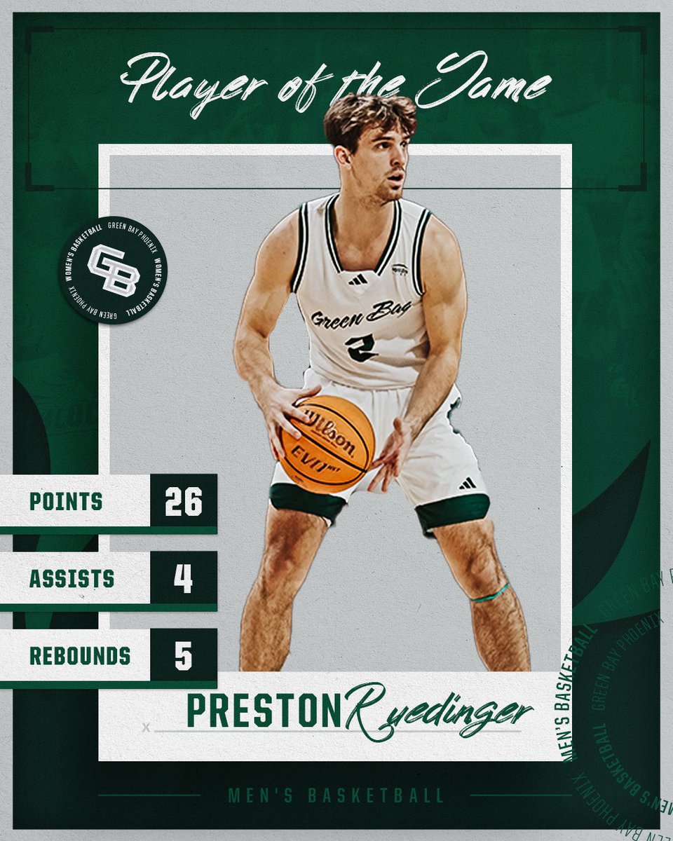 Green Bay Men’s Basketball (@gbphoenixmbb) on Twitter photo What a massive day from <a href="/RuedingerP/">Preston Ruedinger</a> when the team needed him the most. Career-high 26 from the kid! 😤
#RiseWithUs | #BYOJ What a massive day from <a href="/RuedingerP/">Preston Ruedinger</a> when the team needed him the most. Career-high 26 from the kid! 😤
#RiseWithUs | #BYOJ