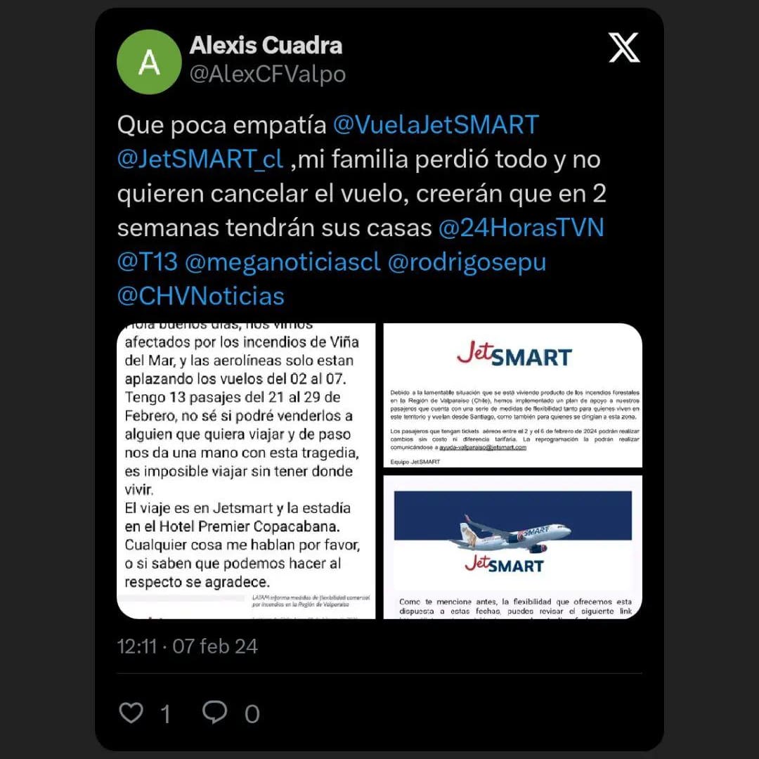 AlexCFValpo's tweet photo. @GabrielBoric @carlosmontestwt @javieratoroc @GabrielBoric mi familia perdió todo en el incendio y @DespegarCl, @VuelaJetSMART cero empatia https://t.co/tPXMXiFLl5