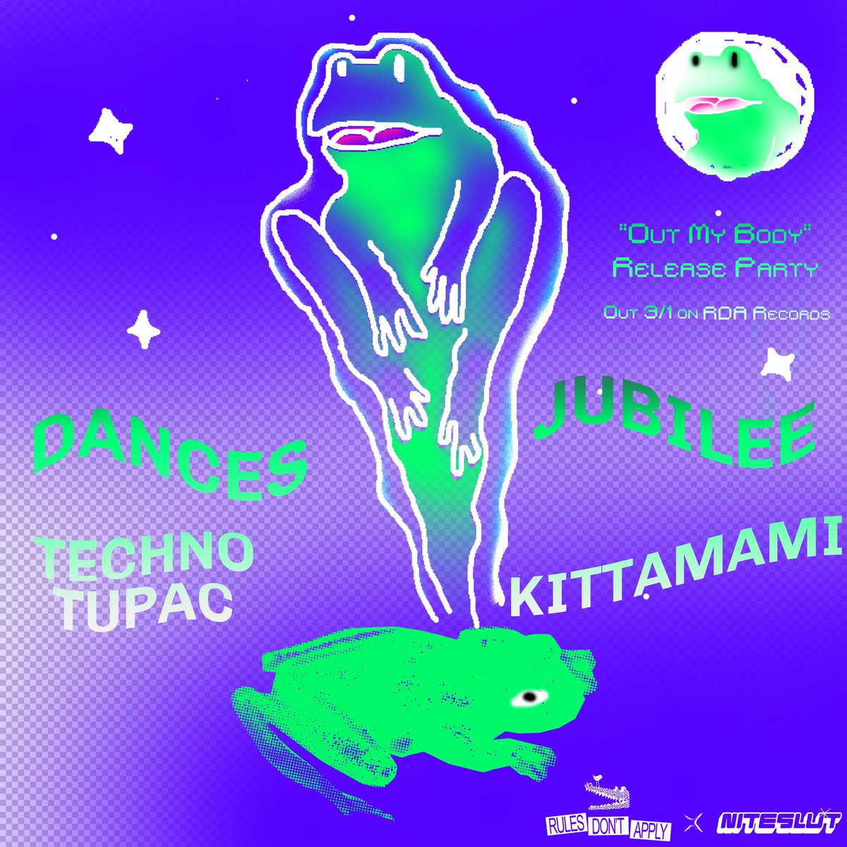 Out My Body release party 
LA plz pull up all my favorite djs are playing <a href="/JubileeDJ/">DELETE</a> <a href="/kittamami/">Kay Danai</a> <a href="/techno_tupac/">Techno Tupac</a> and <a href="/niteslut/">niteslut</a> is throwing it song coming out on <a href="/RDA_records/">Rules Don't Apply Records</a> 
March 2nd DTLA niteslut.com