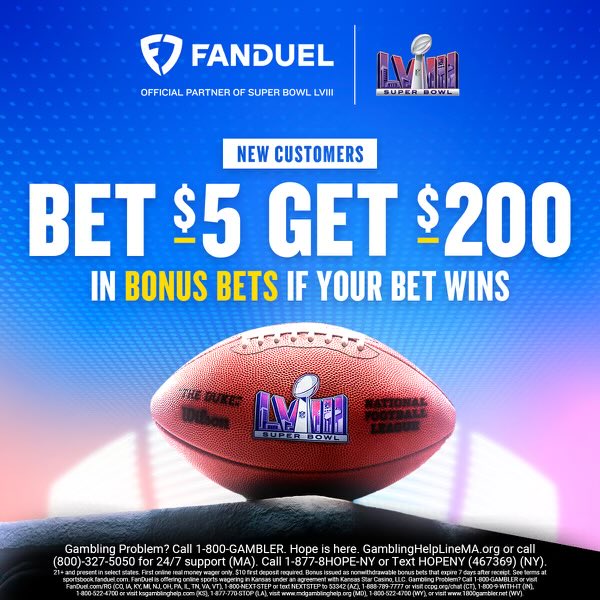 Happy Super Bowl LVIII to all who celebrate from FanDuel, America’s #1 Sportsbook! New customers, join today and you’ll get $200 in bonus bets if your first bet of $5 or more wins. Check out the CBS Super Bowl pre-game show to see our picks!   Fanduel.com/simms