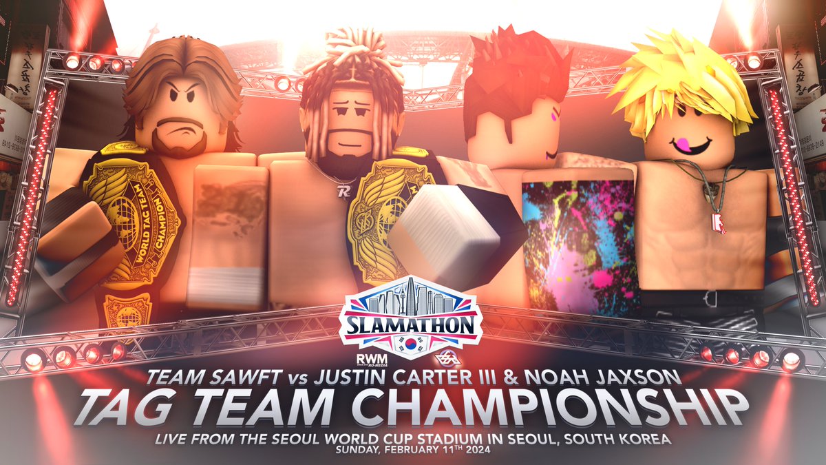 SLAMATHON VI | WORLD TAG TEAM TITLES!

Your official Tag Team title match...

#JC3 &amp; #NoahJaxson would manage (somehow) to escape the Triple Cell structure with the shot at Team SAWFT's tag team gold tomorrow night!

Can the Hall of Famers get the win, or will we see a retain?!