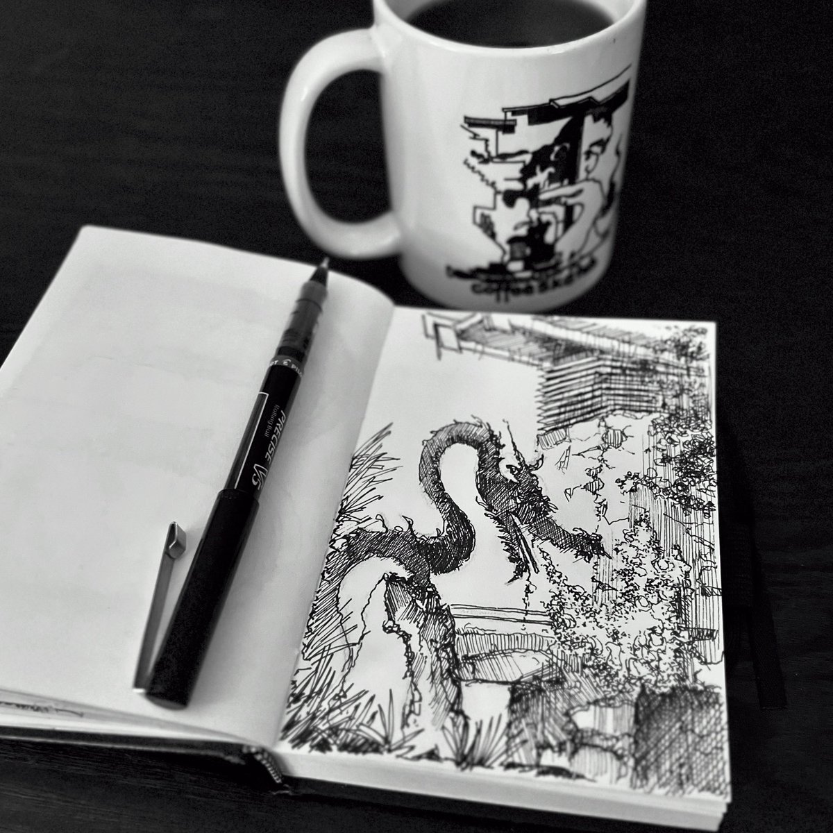 02.10.24 | #coffeesketch ~ 

Happy Lunar New Year | #lunarnewyear #yearofthedragon #taliesinwest #franklloydwright #art #architecture #quicksketch #inksketch #drawing #sketchbook #goodluck