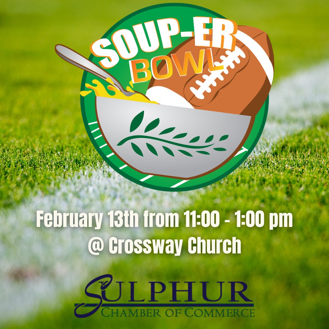 We're so excited to see you all for the Sulphur Chamber of Commerce's Souper Bowl on February 13 from 11- 1 p.m. 🍜 🏈 We'll be serving our favorite Hoppin John's Soup!

Tickets are $10 and can be purchased at the door. It's sure to be a SOUPer time at @crosswayok! #oklahomaevent