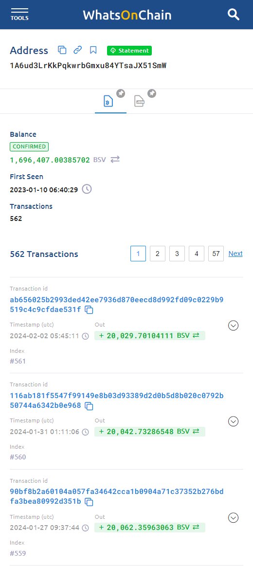 Vince50818862's tweet photo. Since Jan. 2023, someone has been quietly &amp; aggressively accumulating ~20k #BSV just a few days apart. The wallet now holds nearly 1.7 million #BitcoinSV.

Address:  1A6ud3LrKkPqkwrbGmxu84YTsaJX51SmW
First seen:  01/10/2023

Who might this be? 🤔
https://t.co/GKBV1claA2 https://t.co/pGuNm1WTpz