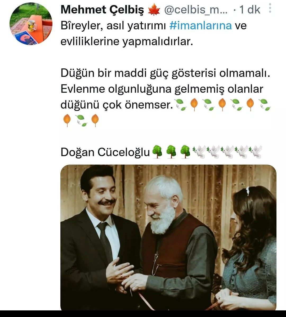 Bîreyler, asıl yatırımı #imanlarına ve #evliliklerine yapmalıdırlar.

#Düğün bir #maddi güç #gösterisi olmamalı. 
#Evlenme olgunluğuna gelmemiş olanlar #düğünü çok önemser..🕊️🕊️

Doğan Cüceloğlu🕊️🕊️🕊️🕊️🕊️🕊️🕊️🕊️🕊️🕊️