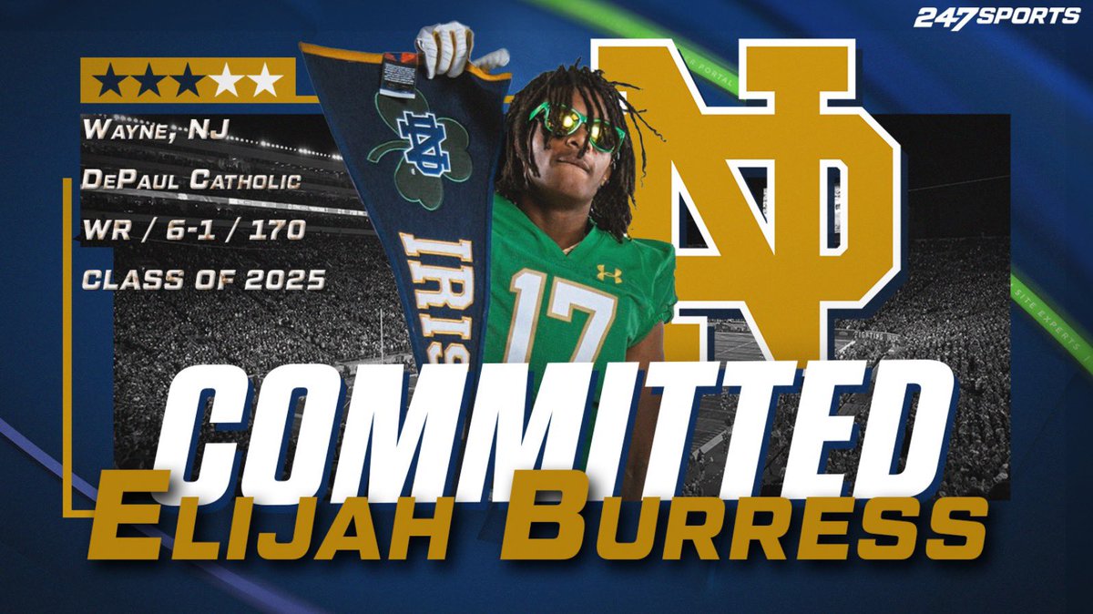 BREAKING: Three-star receiver Elijah Burress, the son of Super Bowl Champion Plaxico Burress, has committed to #NotreDame. The Fighting Irish add to their loaded 2025 recruiting class. Story: 247sports.com/college/notre-… @IrishIllustratd @247Sports