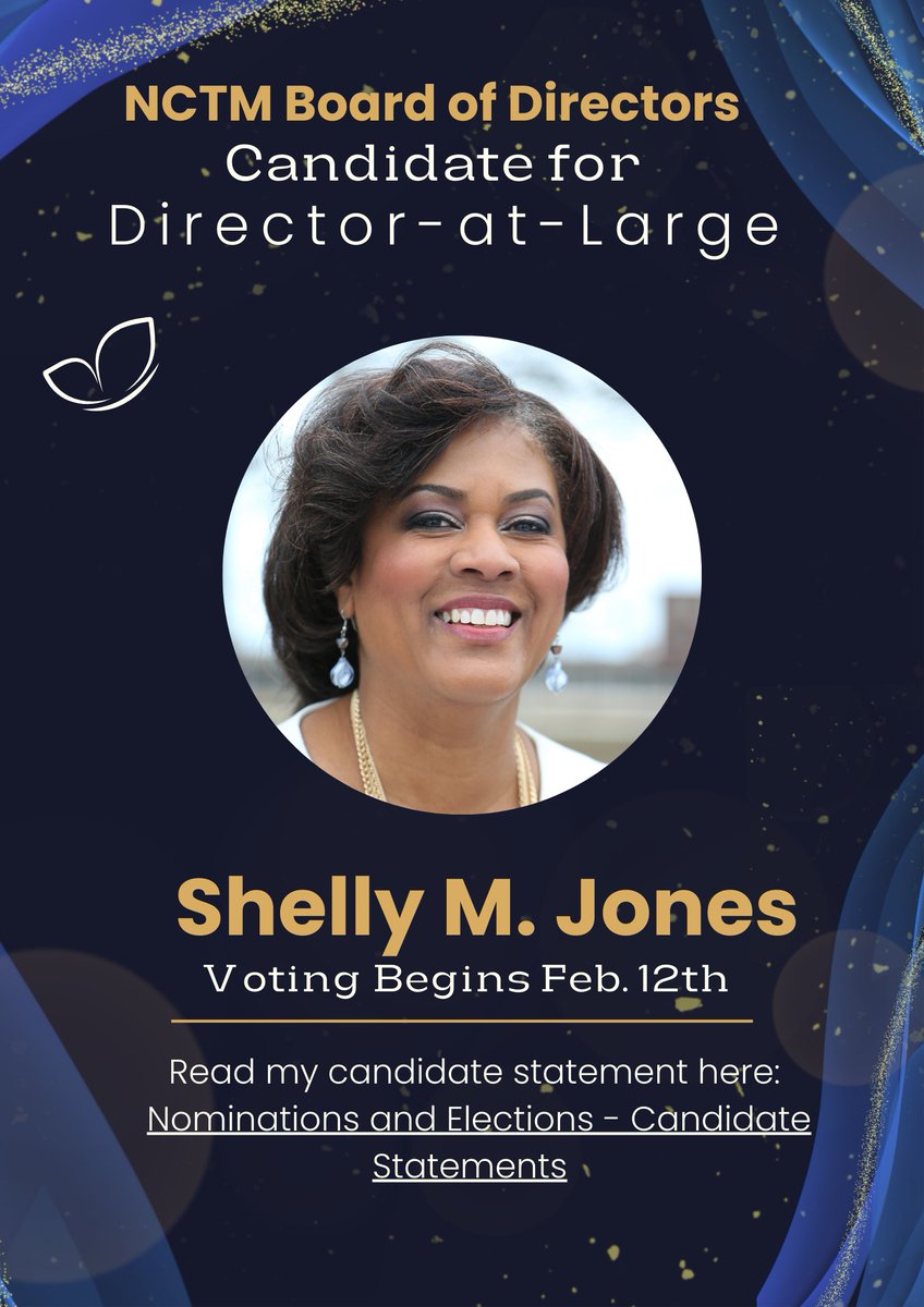 I'm excited about the upcoming 2024 @NCTM Board of Directors elections. If you are a member of NCTM, be on the lookout for an email to vote for ME for one of the Director-at-Large positions starting Feb 12th 📣 Tell a friend 🥰 #iteachmath