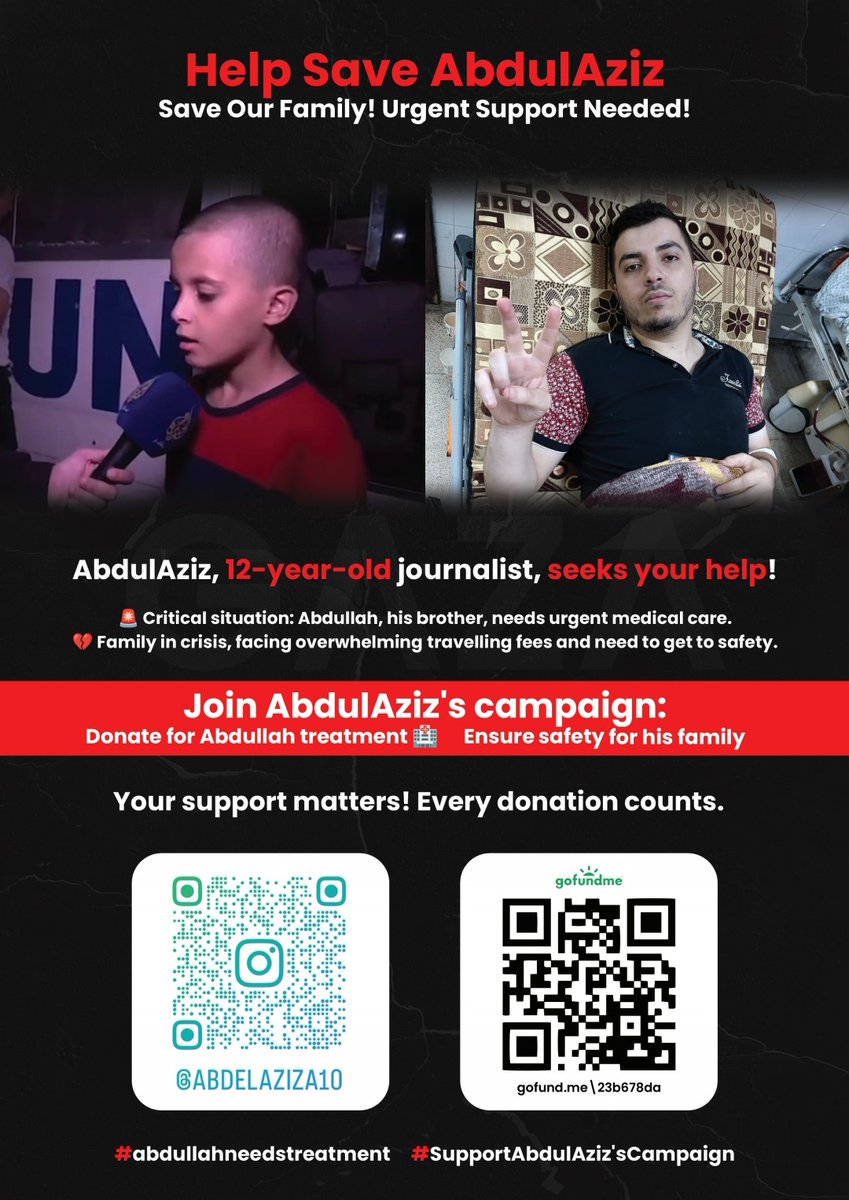 december9200's tweet photo. what abdulaziz and his family have been through was very traumatic. his brother needed treatment but sadly also abdulaziz got into a coma and they need treatment. please dont stop speaking up for them and palestine
https://t.co/aKPsyAJVPS
#saveabdulaziz #FreePalestine https://t.co/9zk4JGRGur