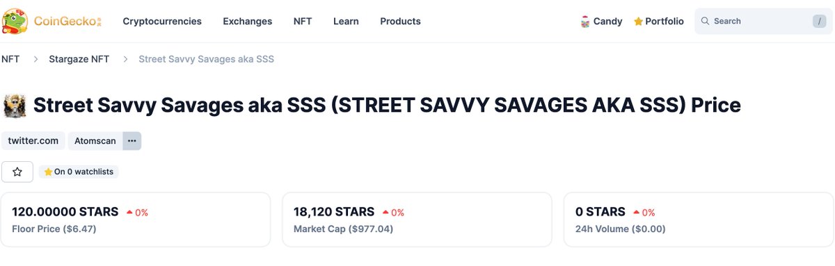 Street Savvy Savages can now be found on <a href="/coingecko/">CoinGecko</a> with just over 100 other dope <a href="/StargazeZone/">Stargaze ✨🔭</a> #NFT Collections! 🥳