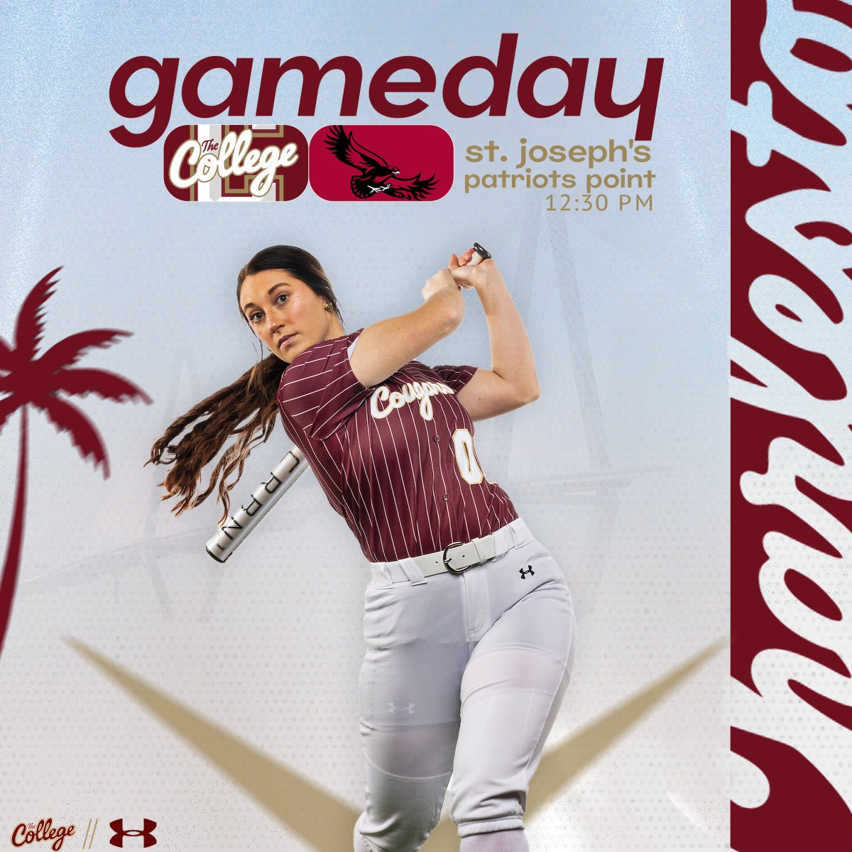 CofCSoftball's tweet photo. One more today!

🆚 St. Joseph's
⏰ 12:30 PM
📍 Mt. Pleasant, S.C.
🏟️ Patriots Point
📺 https://t.co/smSvLqAQGc
📊 https://t.co/B49LhDD0nY

#TheCollege 🌴🥎 https://t.co/Llm5KtDFER