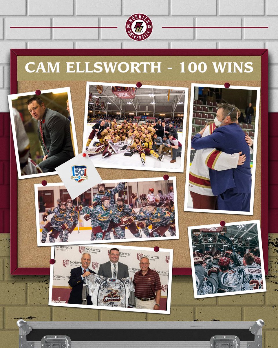 Congrats Head Coach Cam Ellsworth on earning his 100th career win at the helm for @norwichmhky this afternoon against USM We salute the victories of old, and look forward to many more. The 100th win rounds out the regular season, playoff time and opponents TBA #RollWick #d3hky