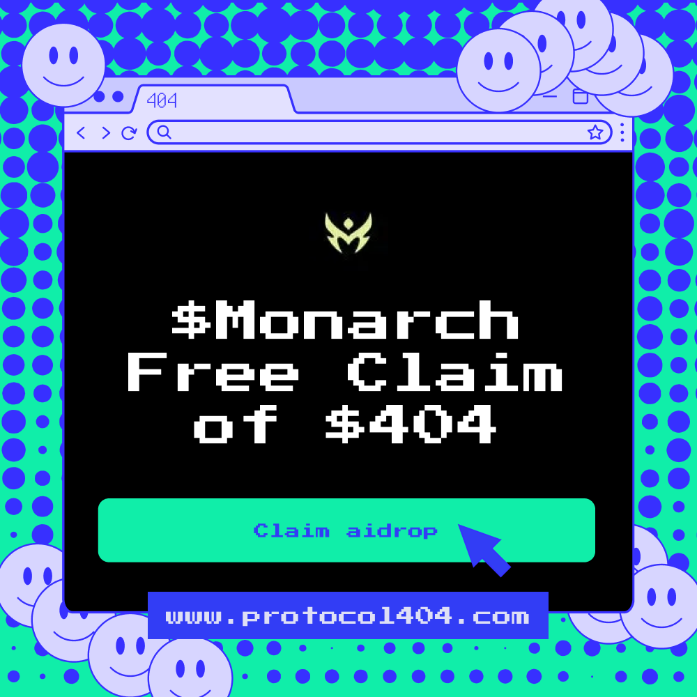 Protocol__404's tweet image. Every #monarch #ERC404 Holder should #FOMO in to #Protocol404 website now!
🌐protocol404.com 
Claim your $404 Tokens while you can!
Rest of airdrop supply will be burned🔥