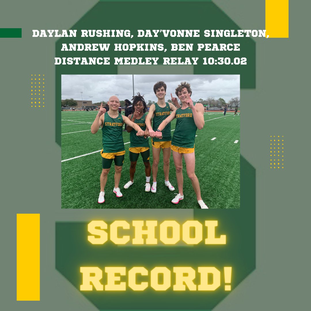SCHOOL RECORD ALERT!  

Daylan Rushing (1200), Day'Vonne Singleton (400), Andrew Hopkins (800) and Ben Pearce (1600) won first place and set the Stratford school record in the Distance Medley Relay at the Will Taylor Relays today!

Well done gentlemen!!   👏👏