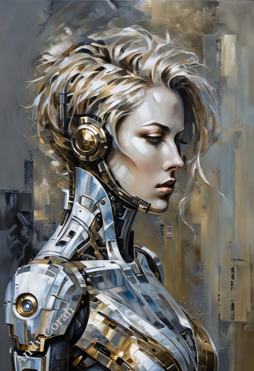 Timeless #meettech ⚙️✨#AIart cybernetic android #portrait #pushboundaries. Meticulous impasto #techniques, blending classic strokes with metallic elegance. 

#AIArtworks #digitalart #scifi #AIartcommunity #AI #illustration #picture #surreal #artist #artsy #creative #paintings