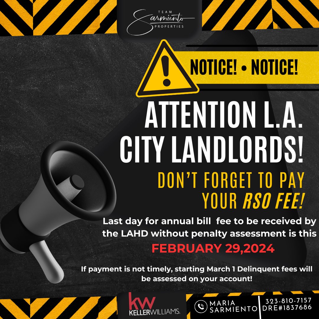 TeamSarmiento's tweet photo. 𝑨𝙏𝑻𝙀𝑵𝙏𝑰𝙊𝑵 𝑳.𝑨. 𝘾𝑰𝙏𝒀 𝑳𝘼𝑵𝘿𝑳𝙊𝑹𝘿𝑺!

Don’t forget to pay your RSO fee!
Ensure your payment reaches the LAHD by 𝗙𝗘𝗕𝗥𝗨𝗔𝗥𝗬 𝟮𝟵,𝟮𝟬𝟮𝟰, to avoid penalties. If payment is not timely, starting March 1 Delinquent fees will be assessed on your account. https://t.co/VQTKLjnkhQ