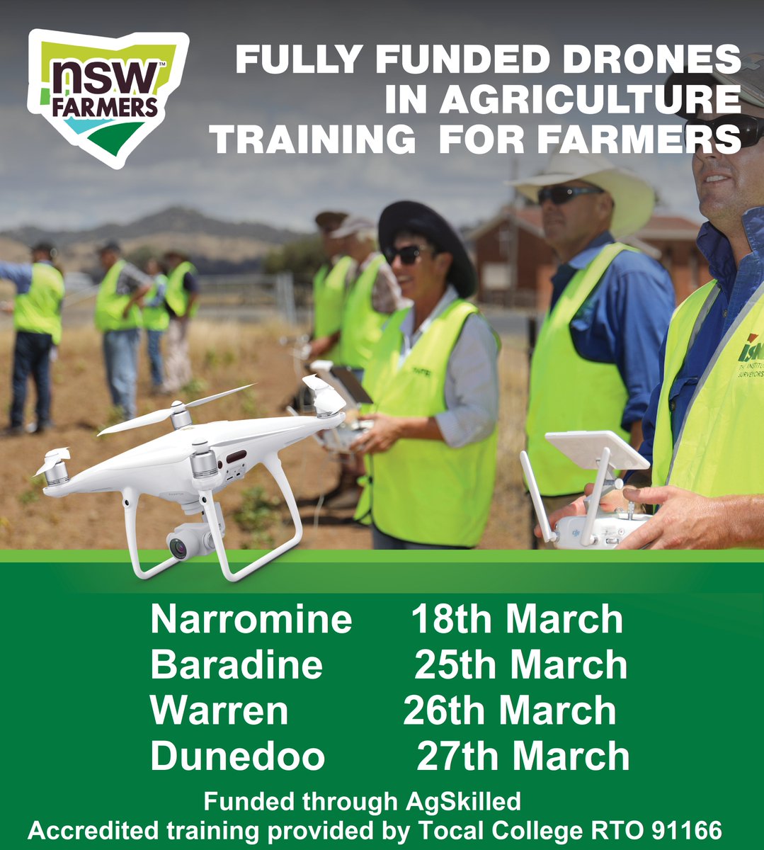 AgSkilled funding applications due now for Drones in Ag Narromine (18 March), Baradine (25 March), Warren (26 March) &amp; Dunedoo (27 March) courses.  Info and application links at tocal.nsw.edu.au/courses/short-…
<a href="/NSWFarmers/">NSW Farmers</a> <a href="/SafeWork_NSW/">SafeWork NSW</a> @TocalCollege <a href="/bralca/">Ben Watts</a> <a href="/CentralWestLLS/">Central West LLS</a> <a href="/LandcareNSW/">Landcare NSW</a>