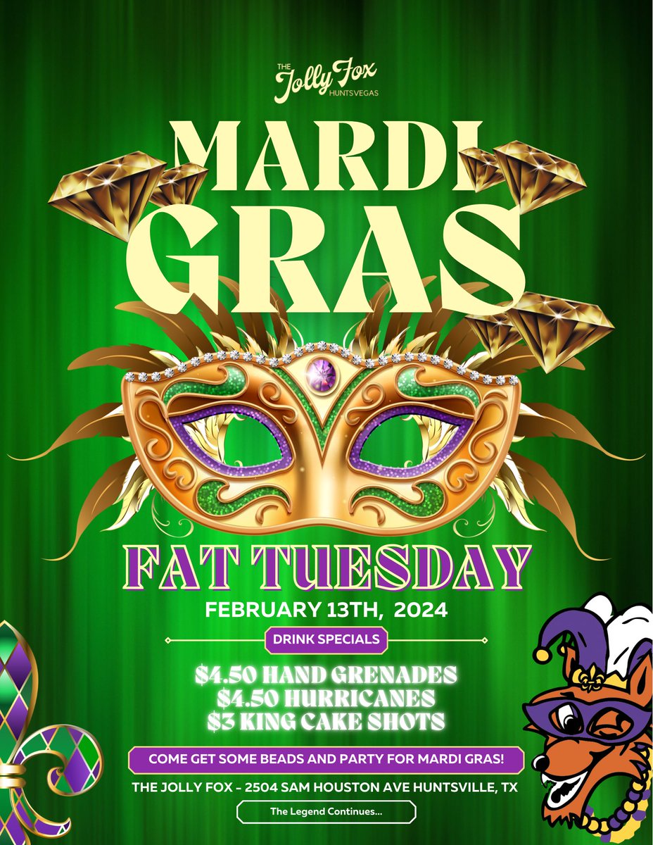 COMING THIS TUESDAY! 💜💚💛
Clear your schedules because we’re getting ready to party for Mardi! 🎉  It’s a celebration you DON’T want to miss! ✨ Lots of beads, masks, drinks, and fun! 🔥