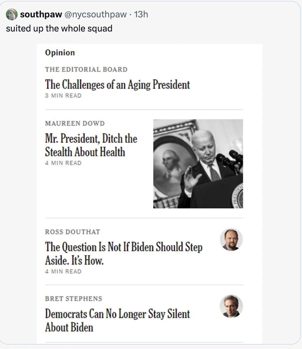 I cancelled my New York Times subscription this morning. I'll miss the recipes. p.s. You don't have to like Biden to dislike a newspaper fawning on a clown who wants to be a dictator.