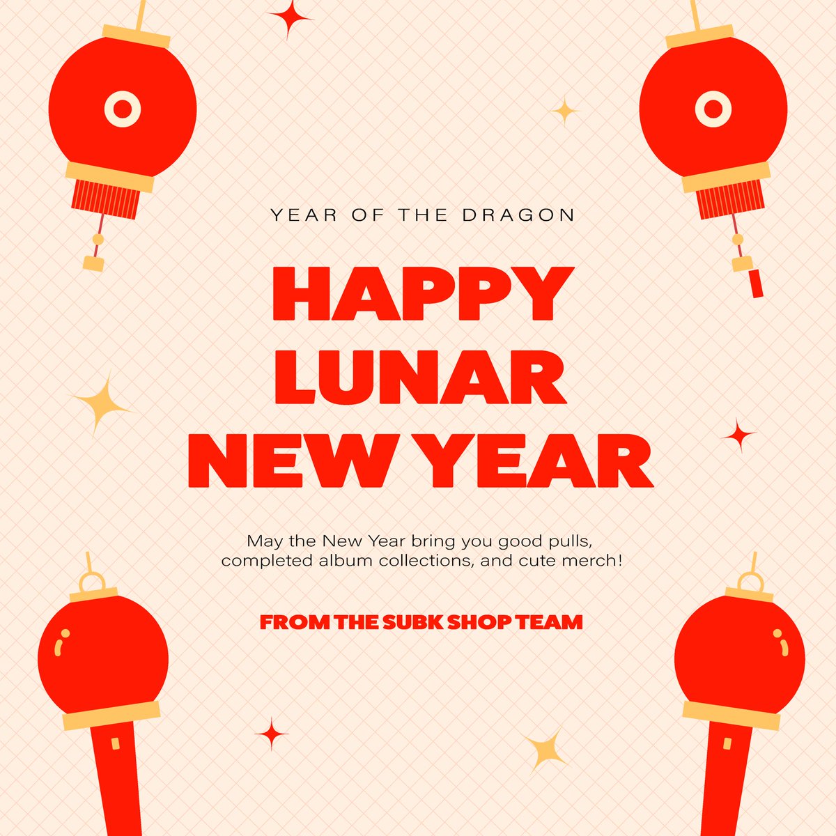 subkshop's tweet photo. Happy Lunar New Year! 🐲
May the New Year bring you good pulls, completed album collections, and cute merch!
#SUBKSHOP #SUBKSQUAD #LUNARNEWYEAR https://t.co/3e6i8xiD5l