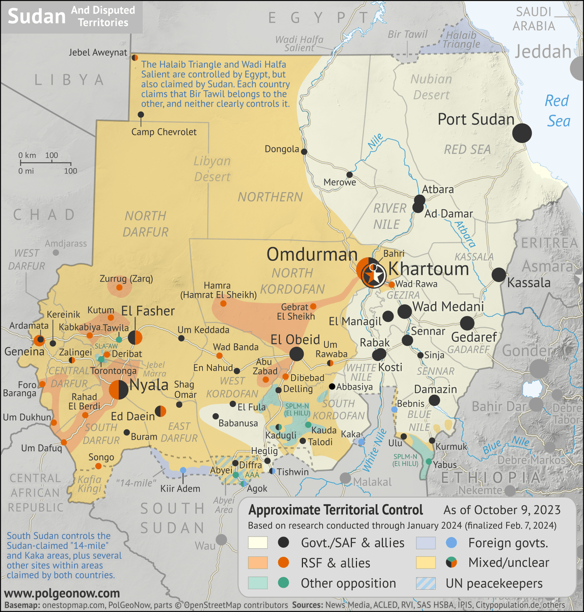 PolGeoNow's tweet photo. Introducing PolGeoNow's new #Sudan civil war control #map series! Painstakingly researched, it should be the most accurate available. Full Oct 2023 map & Apr-Oct timeline: https://t.co/vdTEanexz0 #conflictmapping #OSINT #conflicttracking #geography #geographyteacher #cartography https://t.co/Hy9Mc79jMV