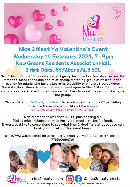Are you someone with a #learningdisability or are you #autistic and looking for love or friendship this #valentines day in #Hertfordshire? <a href="/Nice2seeya/">Rachael Forman</a> have an event open to all members