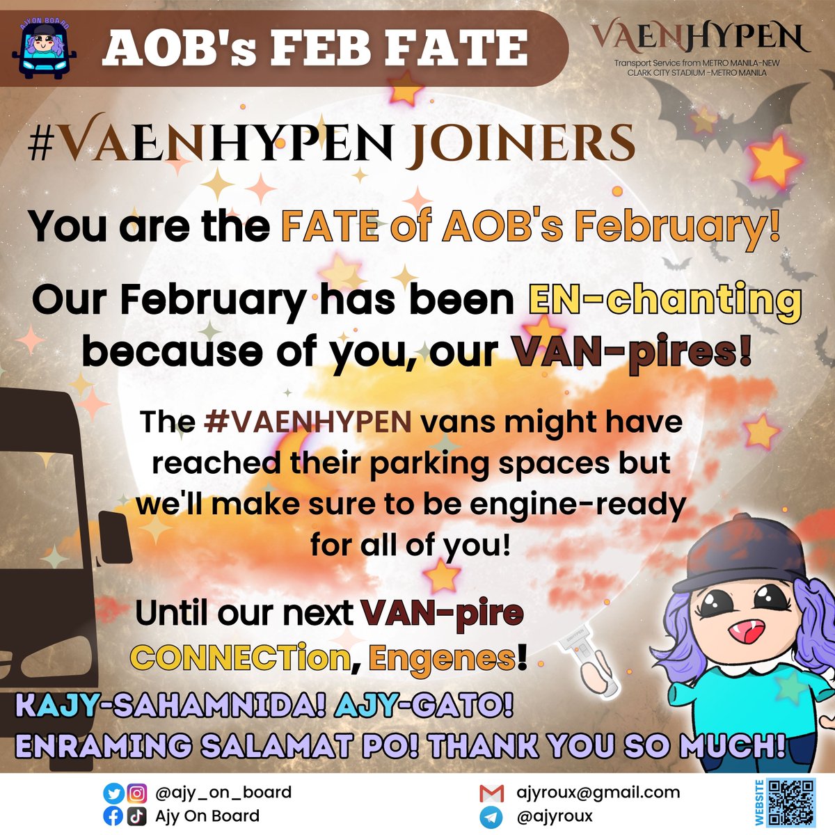 It has been an AOBmazing AOBventure with all of you #SeVANteen², #ViVANManila, #VANCT127, & #VAENHYPEN joiners! 🤗 Our vans might have reached their parking spaces but we'll be ready to have you all aboard again! 🫶🏻 Until our next boarding! 🫡 #AjyOnBoard