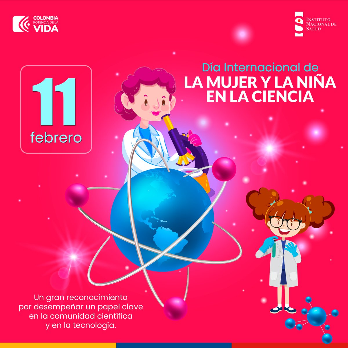 #DiaDeLaMujeryLaNiñaEnLaCiencia @INSColombia reconoce el papel que desempeñan las mujeres en la comunidad científica y la tecnología. Promovamos el acceso de las mujeres y niñas a la educación en ciencia, tecnología, innovación, investigación, matemáticas. #STEMGirls ¡Feliz día!