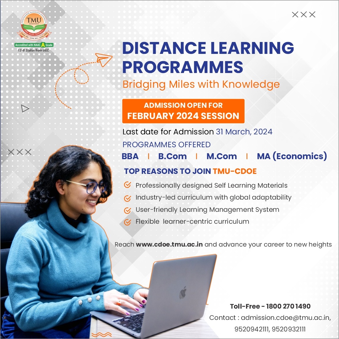 🌟 Unlock Your Future from Anywhere! 
Teerthanker Mahaveer University proudly launches its #DistanceEducation Programmes in #BBA, #BCom, #MCom & #MA Economics. 
Dive into a world of knowledge without boundaries. Enrol now and shape your career from the comfort of your home!