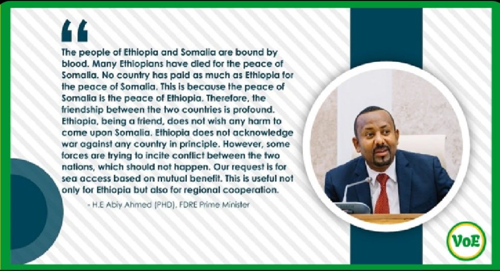 #MustRead: #NakedTruth 

The Ethiopian Prime Minister Made Three [3] Solid Points About His Country’s Intentions Towards #Somalia

Ethiopian Prime Minister (PM) Dr. Abiy Ahmed responded to questions from parliament on Tuesday about their country’s Memorandum of Understanding