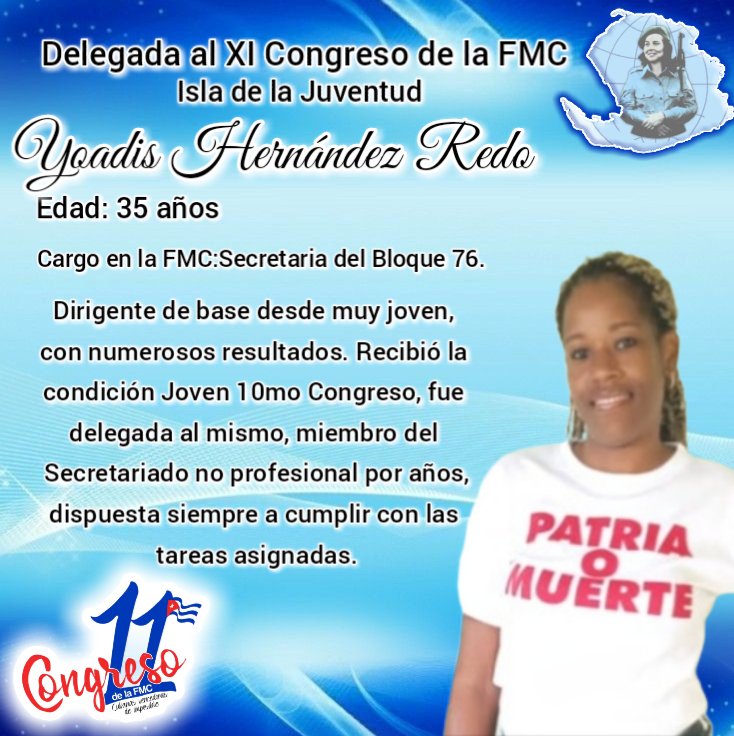IslaFmc8594's tweet photo. Joven federada entusiasta, activa y muy responsable ante las tareas de la @FMC_Cuba y la Revolución, ejemplo de continuidad, elegida delegada al #XICongresoFMC en #IslaDeLaJubentud #FMCIsla https://t.co/3jSl8N6YhP