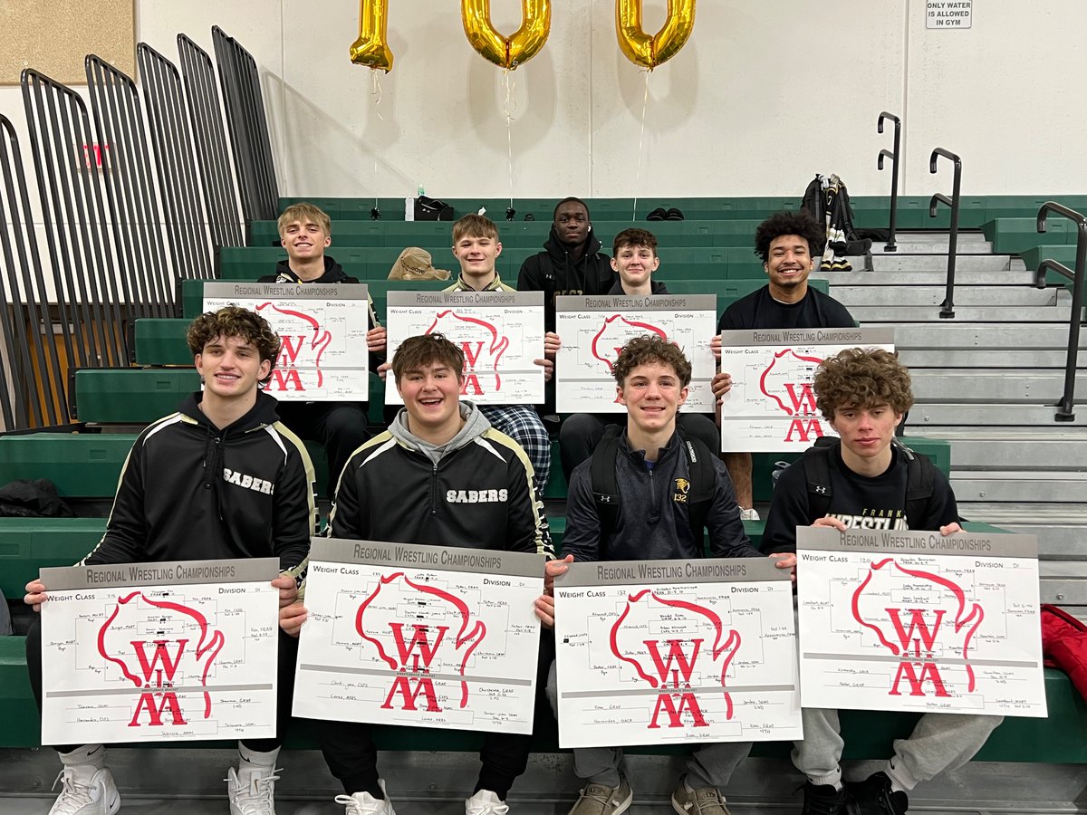Regional champs and we qualified
for team state sectionals on Tuesday.

  Way to go sabers!!

All 14 wrestlers also qualified for individual sectionals next weekend!  

Congrats to Manny on getting 100 career dual wins today!!
