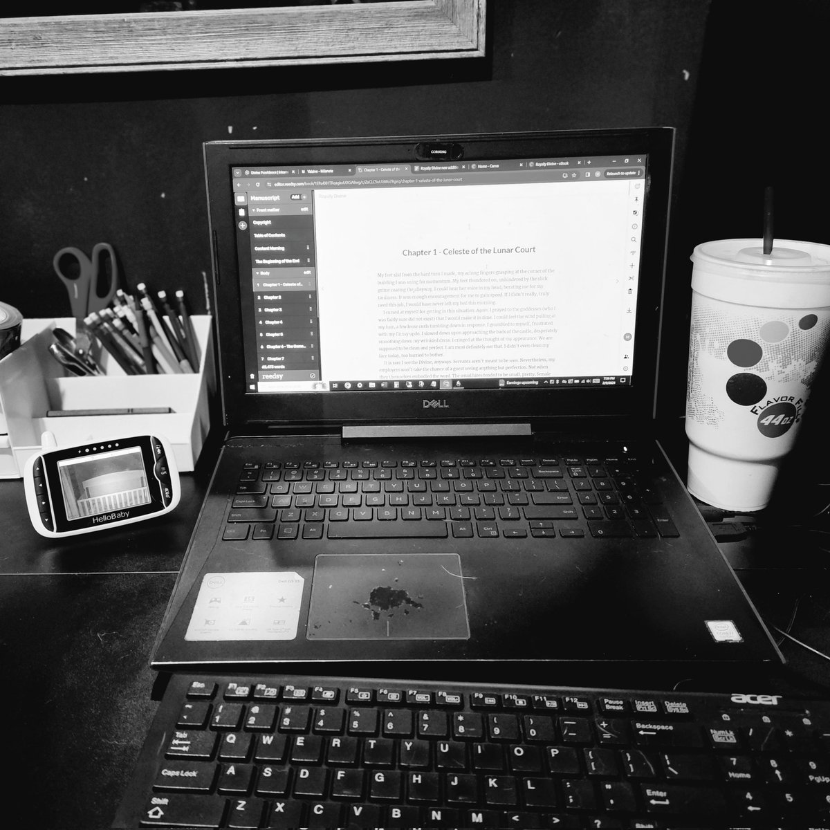 My editing necessities: a baby monitor and gas station diet coke