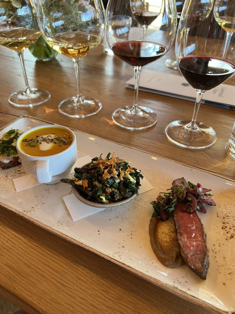 Wine & Food Pairings at CakeBread Cellars @CakebreadWines 2 Chardonnay(s) from Carneros paired with corn polenta and pumpkin soup, Pinot Noir with kale salad and venison jerky, and Cabernet Sauvignon with flat iron steak. What is your favorite pairing?